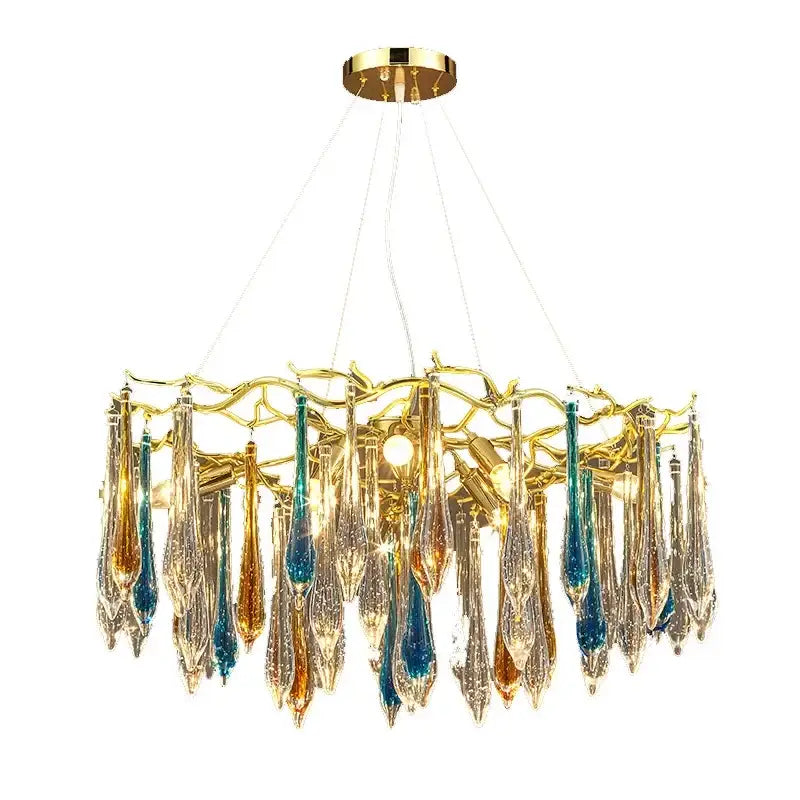 Modern nest crystal led chandelier with golden frame and cascading blue amber and clear glass teardrop pendants for living room