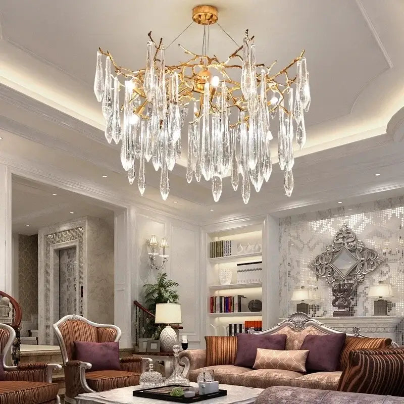 Modern nest crystal led chandelier with golden branch design and dangling crystal droplets for living room lighting