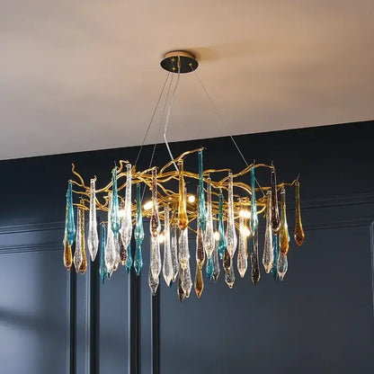 Modern nest crystal led chandelier with golden branch frame and multicolored glass teardrop pendants for living room
