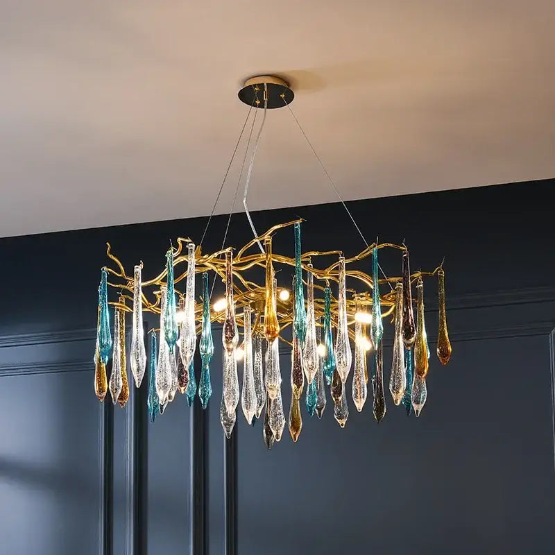 Modern nest crystal led chandelier with golden branch frame and multicolored glass teardrop pendants for living room