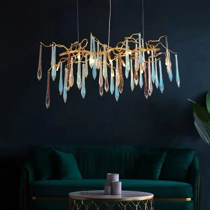 Modern nest crystal led chandelier with golden branch frame and blue amber teardrop glass for living room lighting