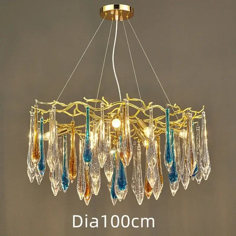Modern nest crystal led chandelier with golden branch design and clear blue amber teardrop pendants for living room
