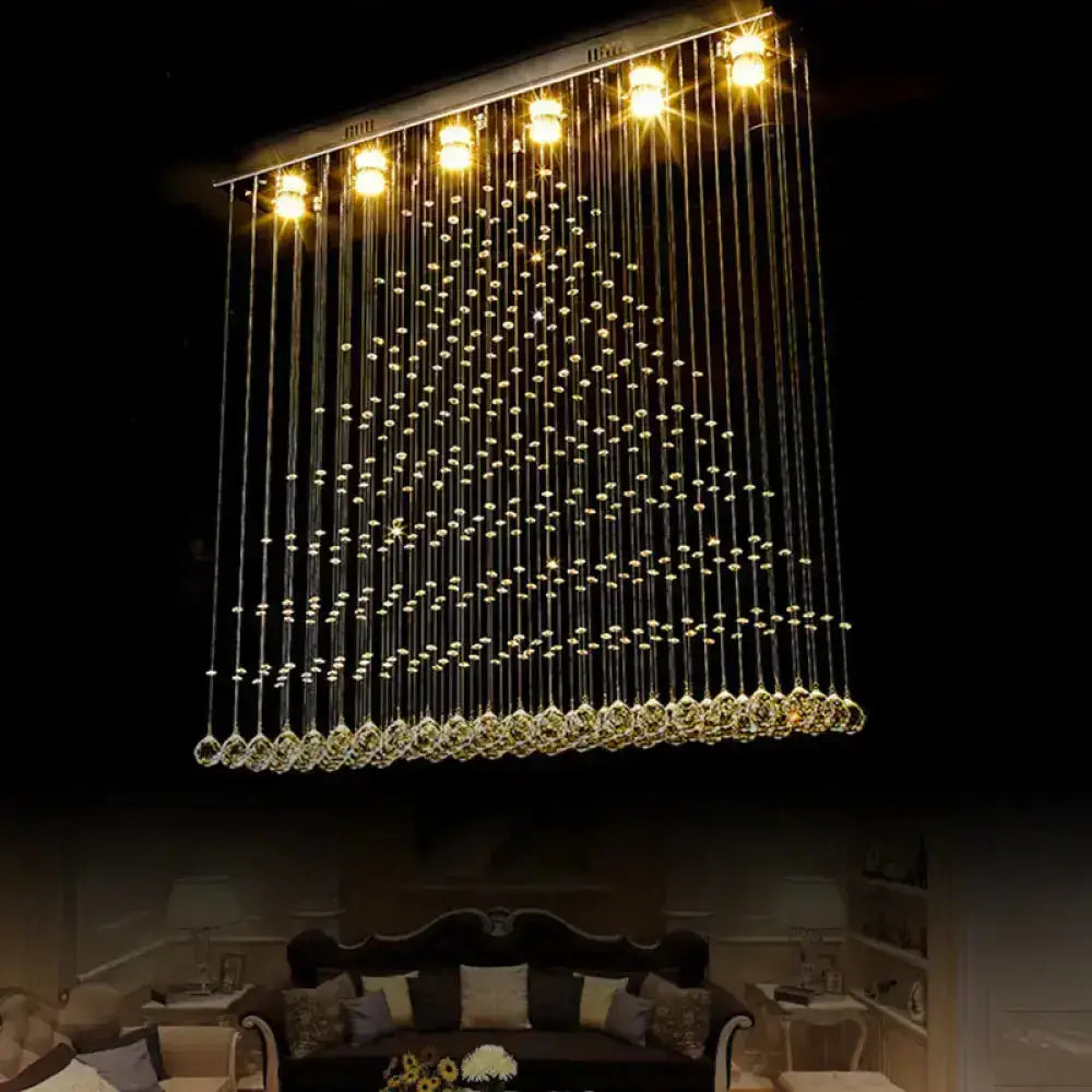 DecorBites™ crystal ball cascade flush ceiling light with nickel finish and cascading crystal beads in a triangular pattern