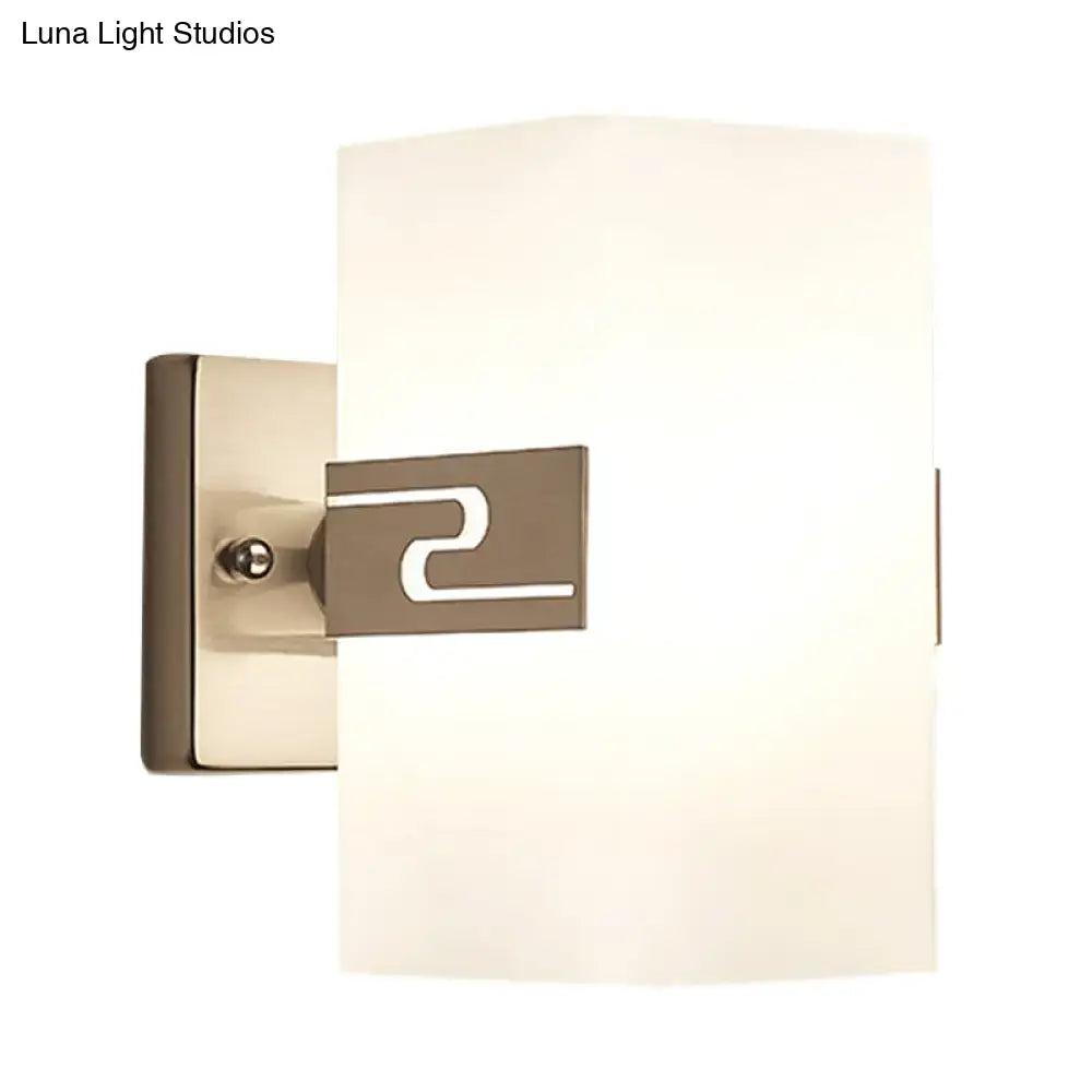 Modern nickel cuboid wall mounted sconce with brushed nickel finish frosted glass shade for corridors using led incandescent fluorescent