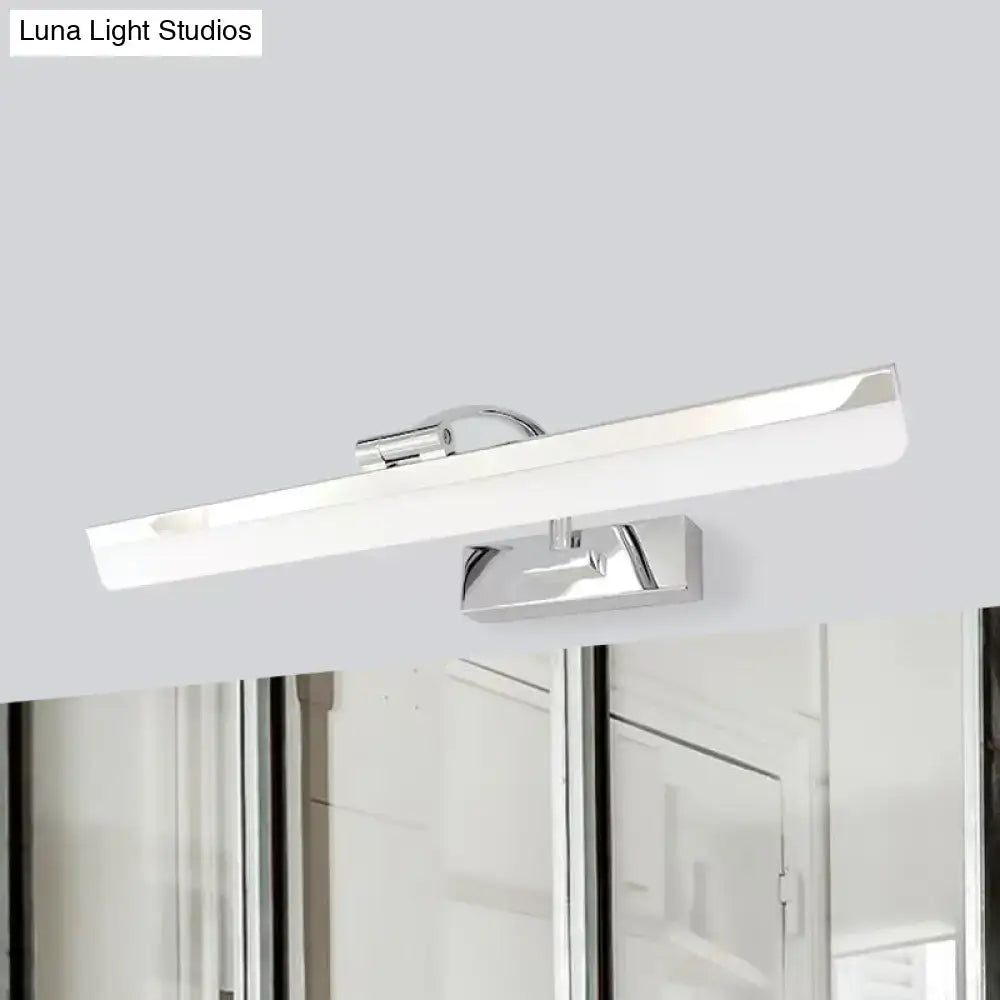 Modern nickel finish rectangular led vanity light fixture with sleek chrome design providing warm white light for bathroom use