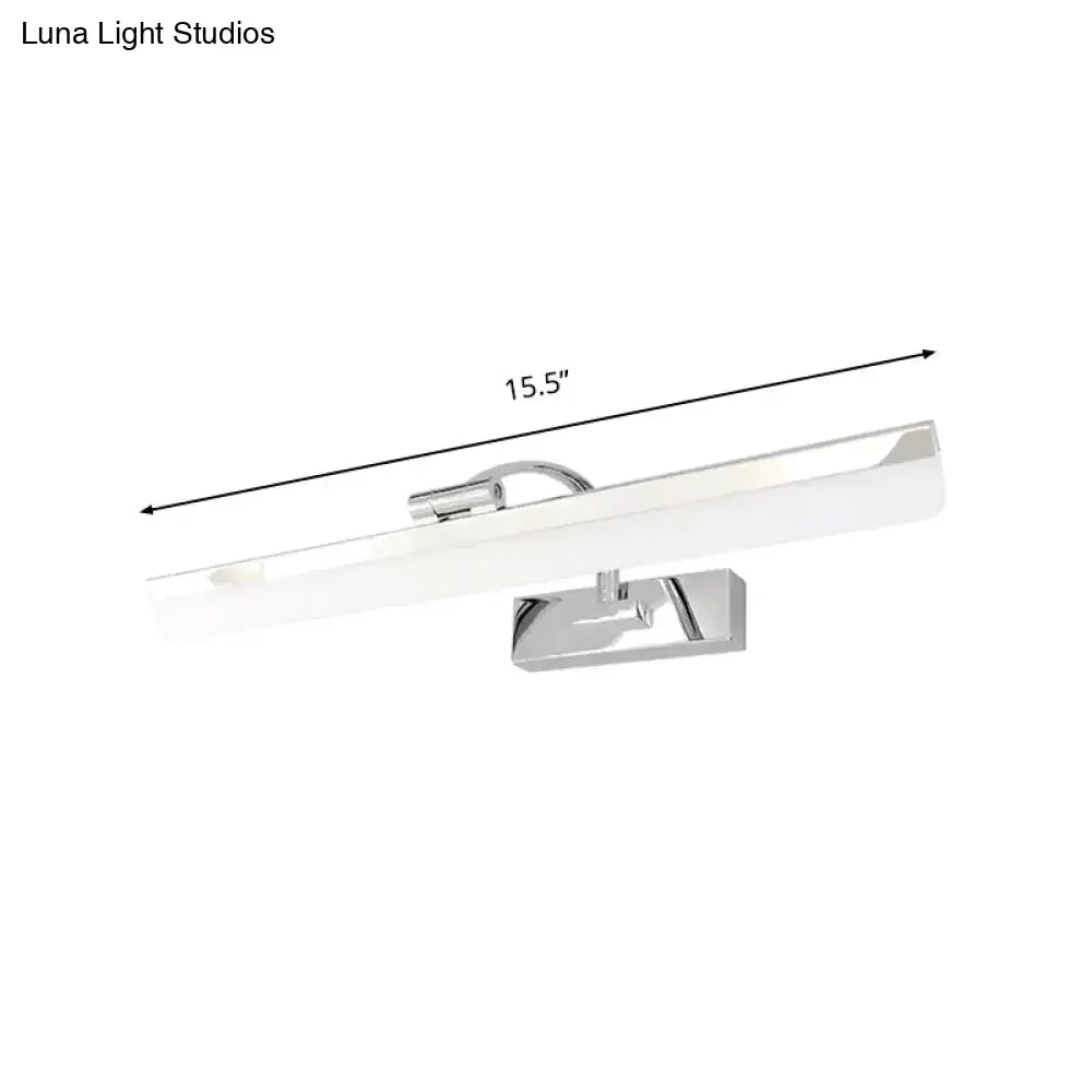 Modern nickel finish rectangular led vanity light with frosted glass diffuser providing warm white light for bathrooms