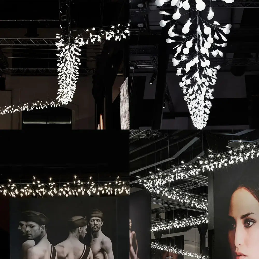 White modern chandelier with cascading bulb elements in nickel rose gold aluminum for island ceiling lighting