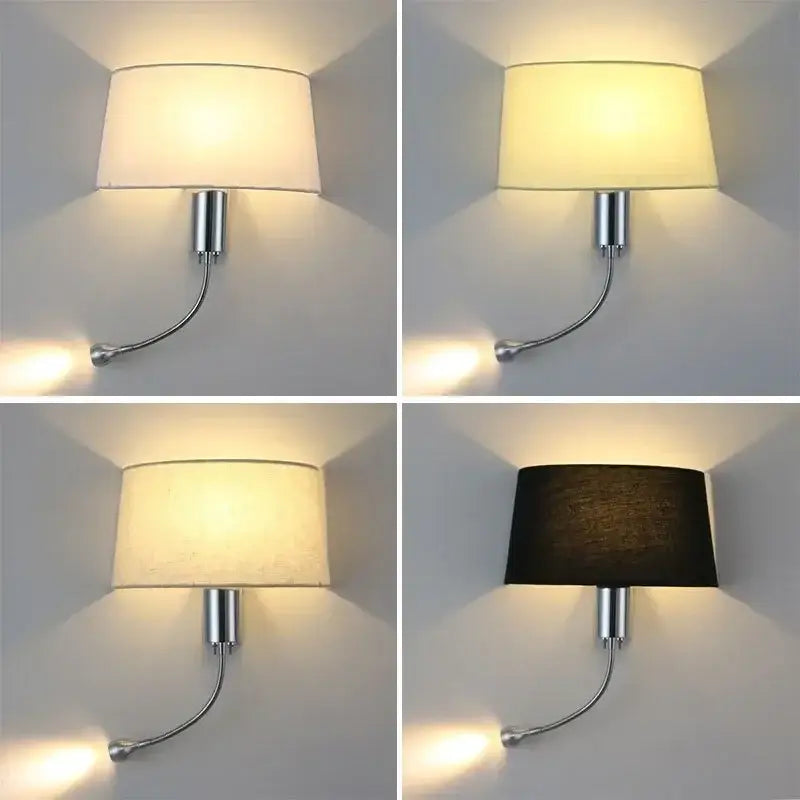 Modern nordic beige elegant fabric wall lamp with sleek chrome flexible arm and off-white or black cylindrical shades