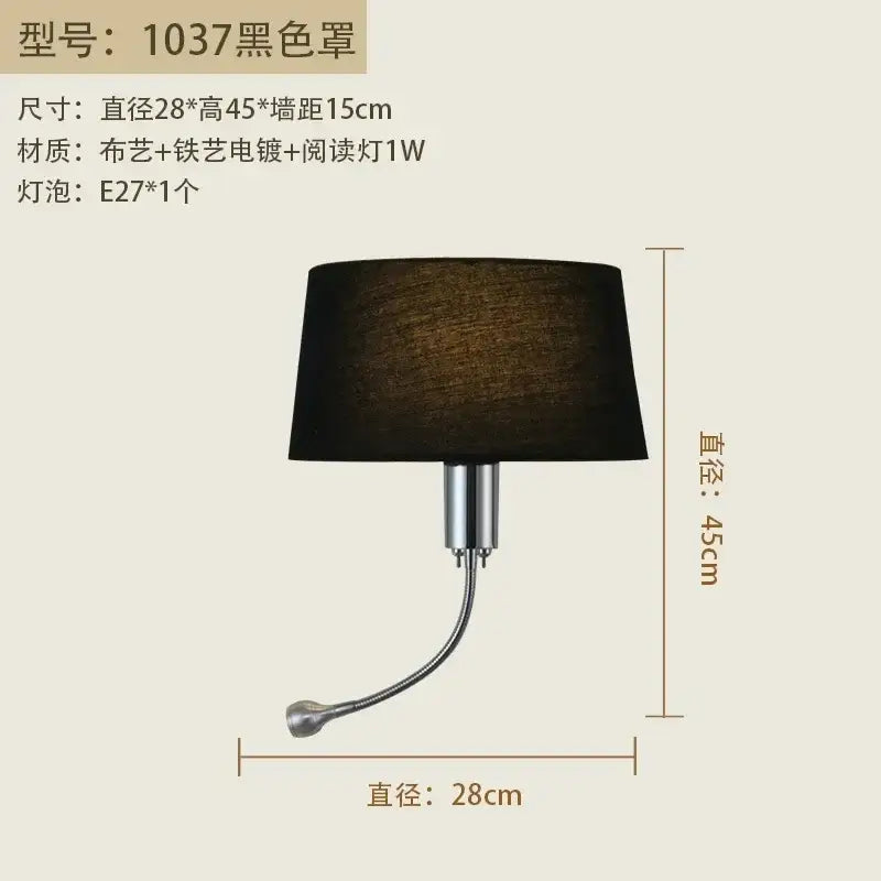 Black fabric lampshade wall lamp with sleek chrome metal arm and reading light decorbites elegant fabric wall lamp