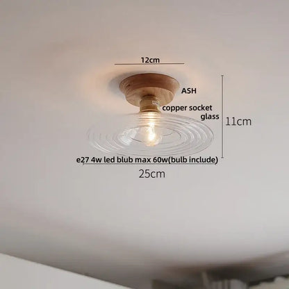 Modern nordic ceiling lamp with natural ash wood base and decorbites clear glass led shade featuring circular ridges