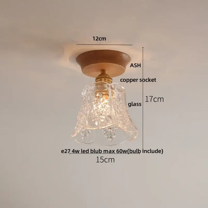 Modern nordic decorbites clear glass led ceiling lamp with etched glass bell shade brass socket and ash wood mount