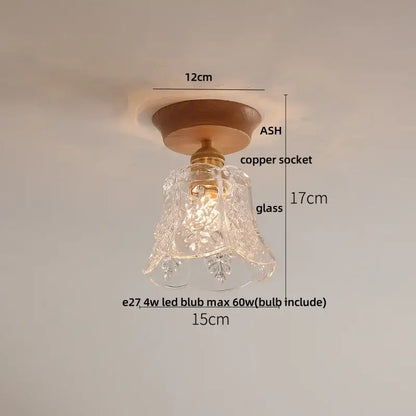 Modern nordic decorbites clear glass led ceiling lamp with etched glass bell shade brass socket and ash wood mount