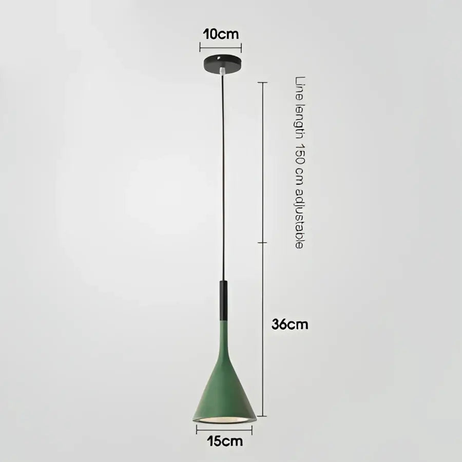 Modern nordic black metal pendant light featuring a green conical lamp with black stem and 150 cm adjustable line