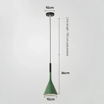 Modern nordic black metal pendant light featuring a green conical lamp with black stem and 150 cm adjustable line