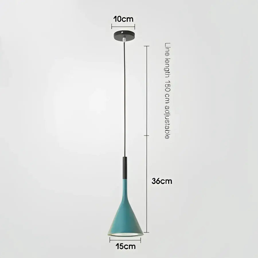 Modern nordic pendant light with teal conical shade, black metal stem, and adjustable 150cm wire length for bedroom