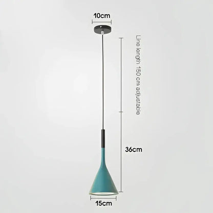 Modern nordic pendant light with teal conical shade, black metal stem, and adjustable 150cm wire length for bedroom