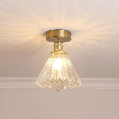Modern nordic brass and diamond glass led ceiling light with clear faceted glass led ceiling for bedroom illumination