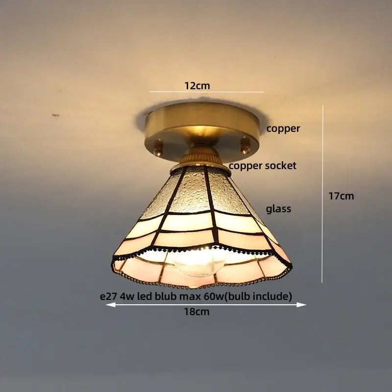 Modern Nordic brass led ceiling light with diamond glass and amber tiffany-inspired shade for bedroom use