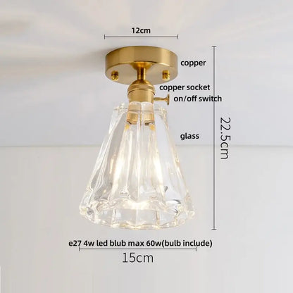 Modern nordic glass led ceiling light with diamond glass pendant and brass copper finish for bedroom lighting