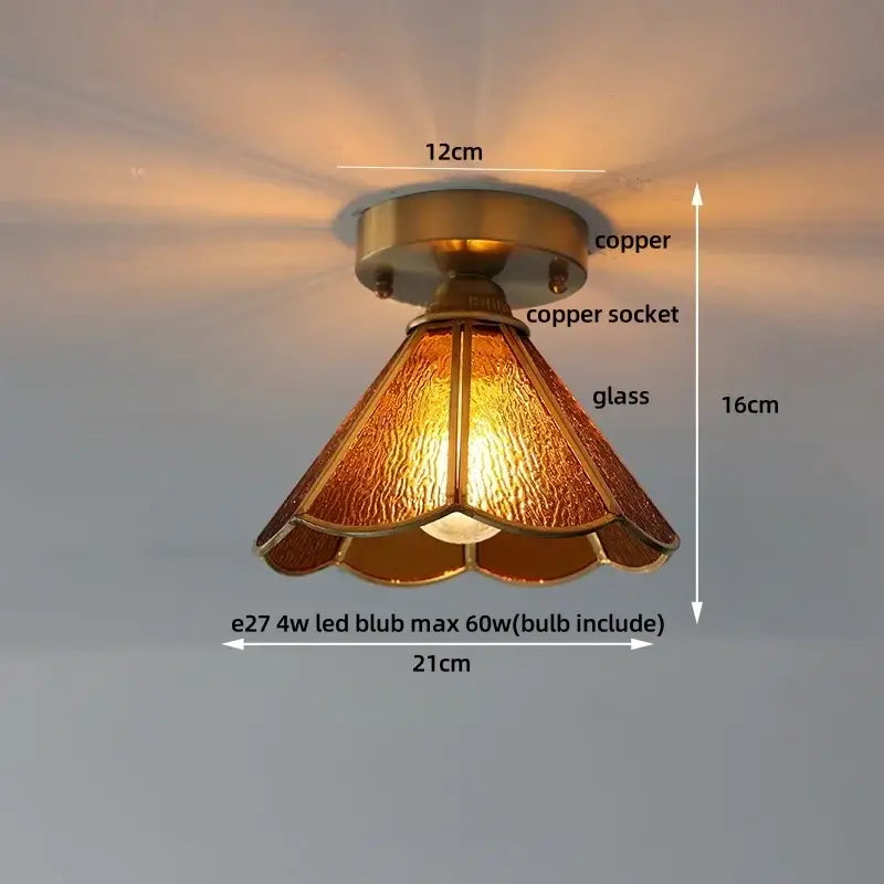 Modern nordic brass and diamond glass led ceiling light with warm amber textured glass and copper finish base