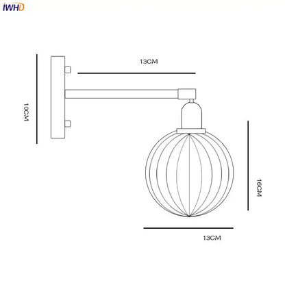 Modern nordic brass and glass ball wall lamp with spherical ribbed glass shade and metallic arm for bedroom decorbites glass ball