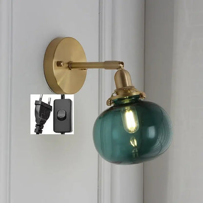 Modern nordic brass glass ball wall lamp with teal glass globe and exposed filament bulb for bedroom decorbites glass ball
