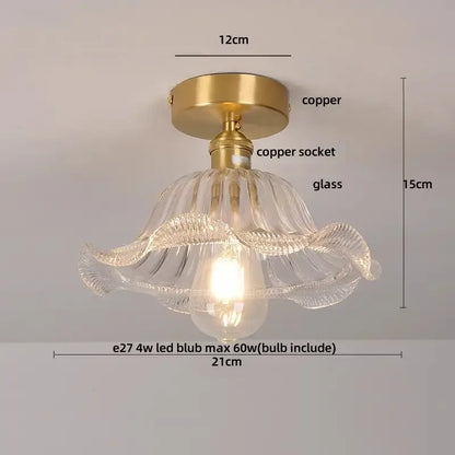 Modern nordic clear glass ceiling light fixture with fluted petal design and brass copper hardware for bedroom use