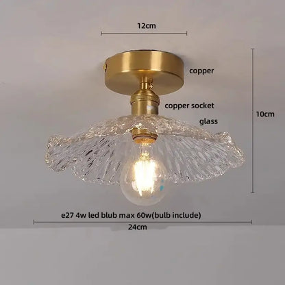 Modern Nordic clear glass and gold ceiling light fixture with textured lampshade and brass copper E27 LED bulb for bedroom