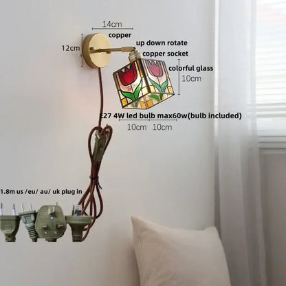 Modern nordic decorbites copper wall light with colorful stained glass cube and red tulip design for bedroom sconce