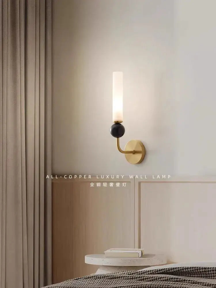 Modern nordic decorbites copper wall lamp with gold tone, all-copper body, matte black accent, and frosted glass shade