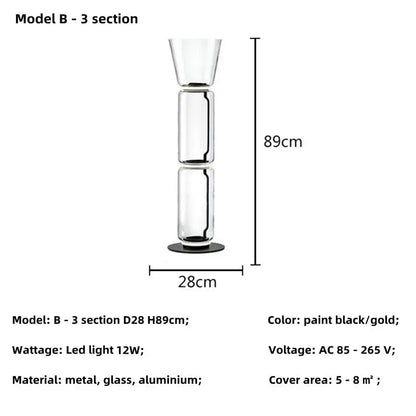 Tall modern nordic floor lamp with three-section glass shade led and sleek black-gold metal finish for living room