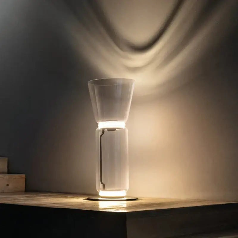 Modern nordic floor lamp with transparent glass shade led design featuring two stacked cylinders and warm ambient lighting