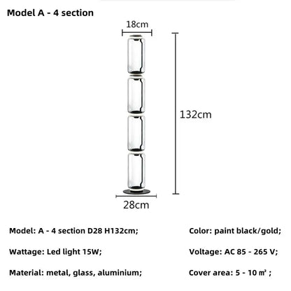 Modern nordic floor lamp with four stacked glass shade led tiers and black and gold metal frame, 132cm tall