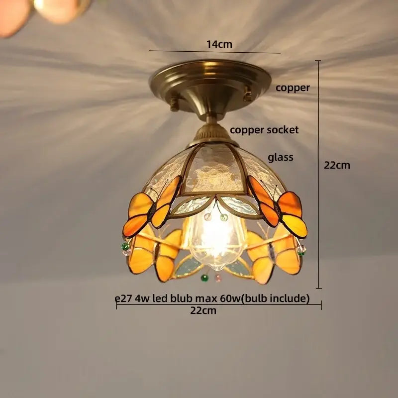 Modern nordic flower led ceiling light with copper finish and stained glass butterfly panels for bedroom lighting