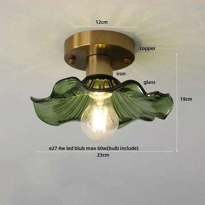 Modern nordic glass flower led ceiling light with green glass leaf pendant and copper iron mounting base for bedroom