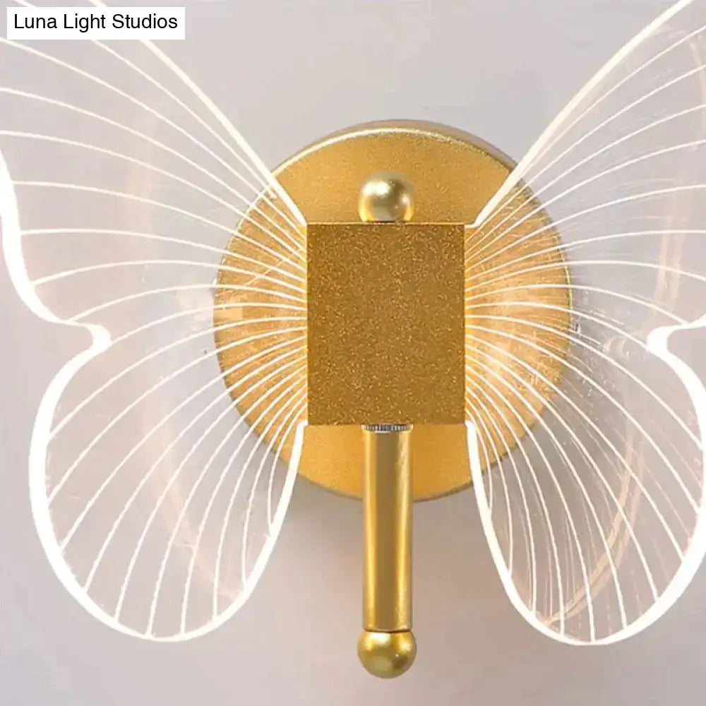 Modern nordic gold led butterfly wall lamp with translucent wings and square light fixture for bedroom use