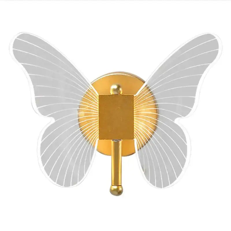 Modern nordic gold led butterfly wall lamp with gold-toned butterfly hook and transparent acrylic wings with radial lines