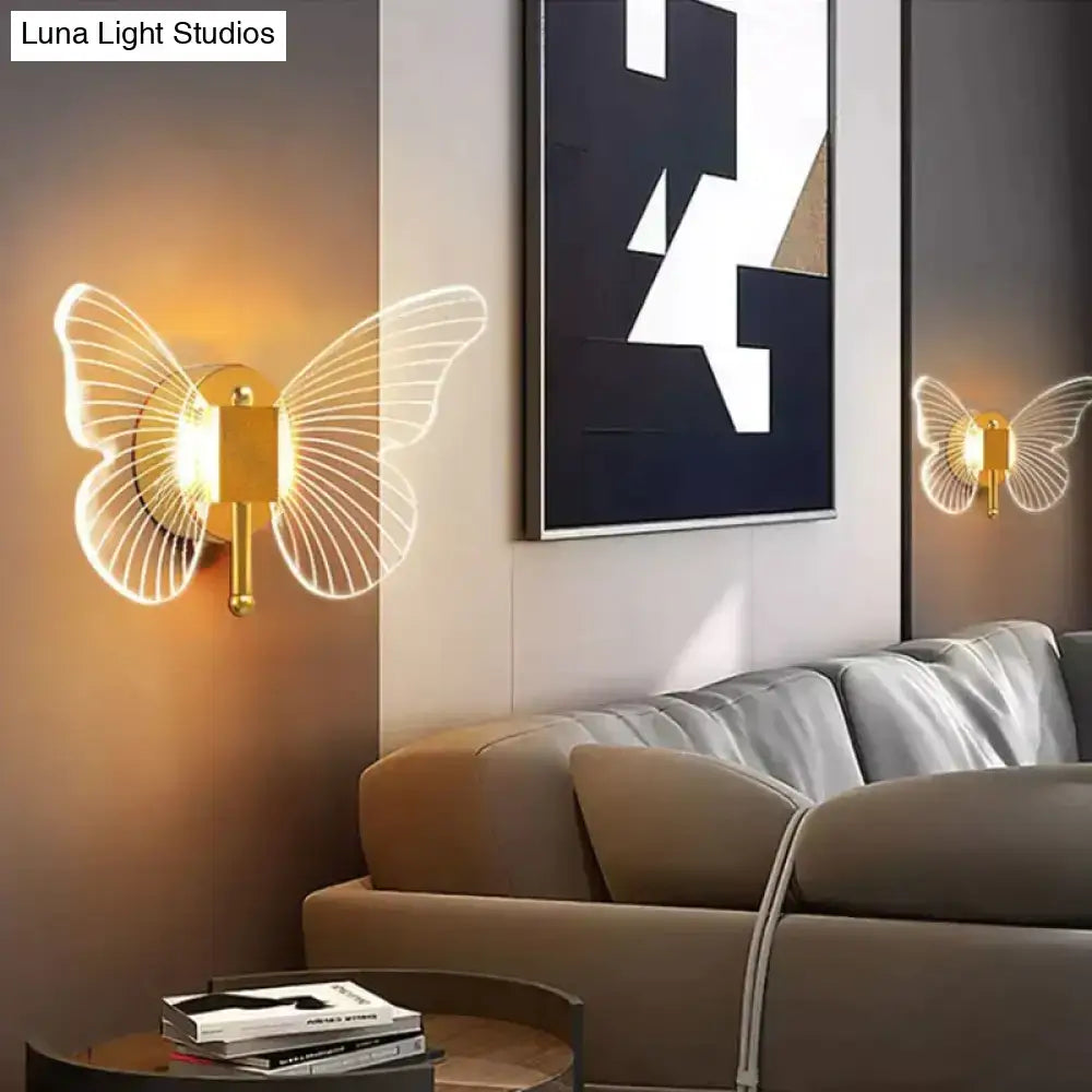 Modern nordic gold led butterfly wall lamp with translucent illuminated wings for bedroom wall lamp copper led butterfly design