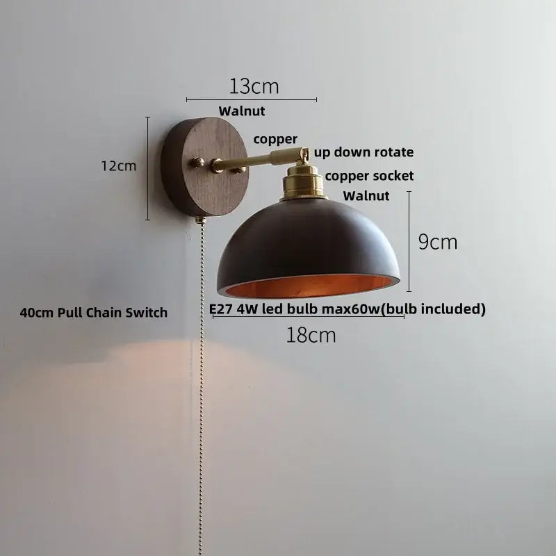 Modern nordic gray and walnut decorbites led wall sconce with dark matte dome and copper accents for bedroom lighting