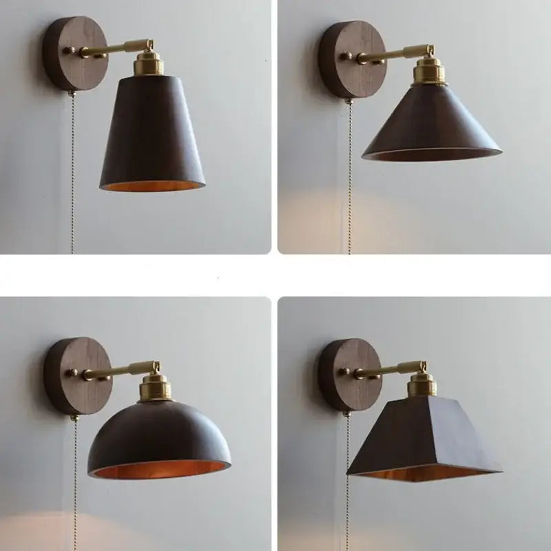 Modern nordic gray and walnut decorbites led wall sconce with dark brown wood and brass accents for bedroom lighting