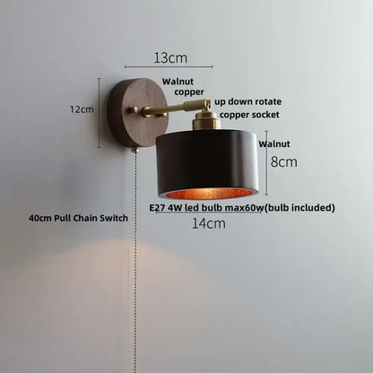 Modern nordic gray and walnut decorbites led wall sconce with black cylinder, walnut base, and brass copper accents