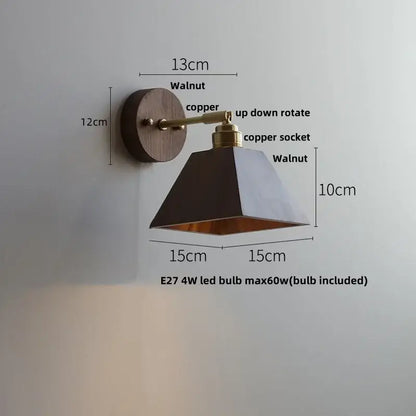 Modern nordic gray and walnut led wall sconce with walnut base copper arm black geometric shade and gold lining decorbites led wall
