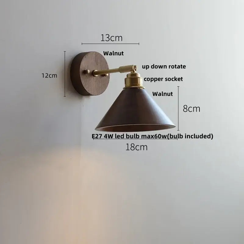 Modern nordic gray and walnut led wall sconce with dark walnut wood base and brass accents for bedroom decorbites led wall fixture