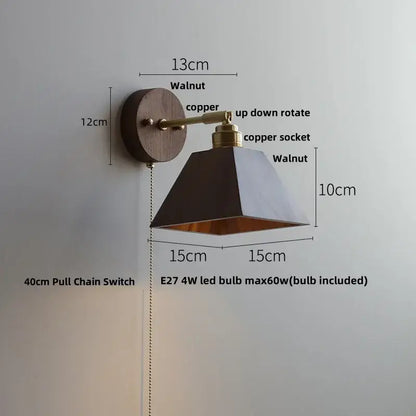 Modern nordic gray and walnut led wall sconce with walnut base copper arm and black geometric shade decorbites led wall fixture