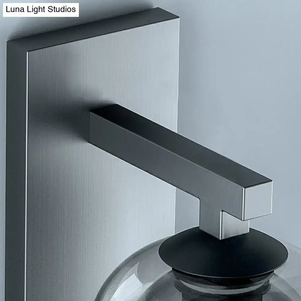 Modern nordic grey finish wall lamp with glass dome and matte black rectangular brushed metal sconce base and arm