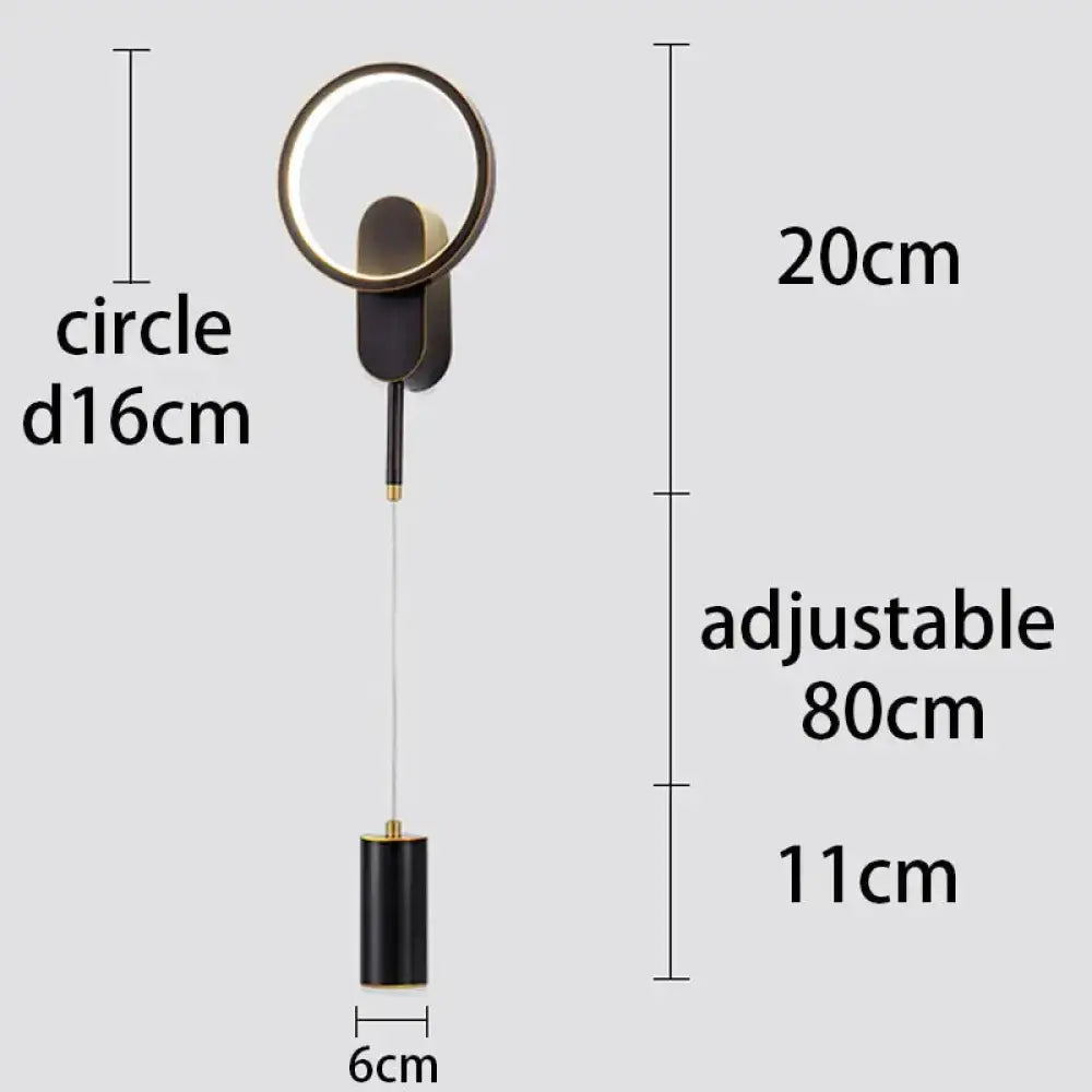 Modern nordic led wall lamp bedroom sconce in black gold with adjustable hanging length and circular design