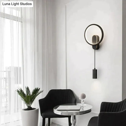 Modern nordic led black gold wall lamp with sleek circular design and illuminated ring for bedroom sconce lighting