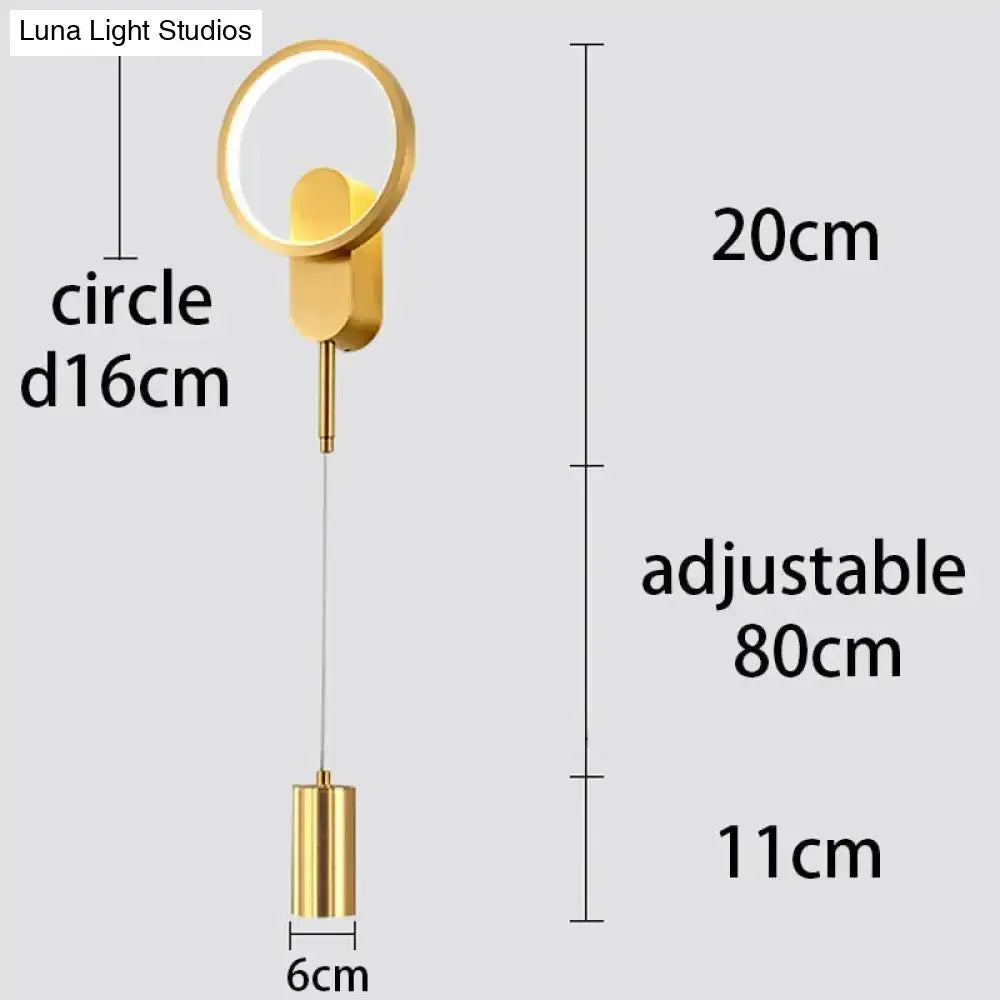 Gold-finished circular black gold modern nordic led wall lamp with adjustable hanging cord for bedroom sconce lighting