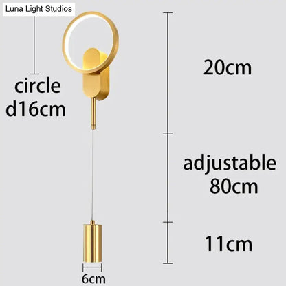 Gold-finished circular black gold modern nordic led wall lamp with adjustable hanging cord for bedroom sconce lighting