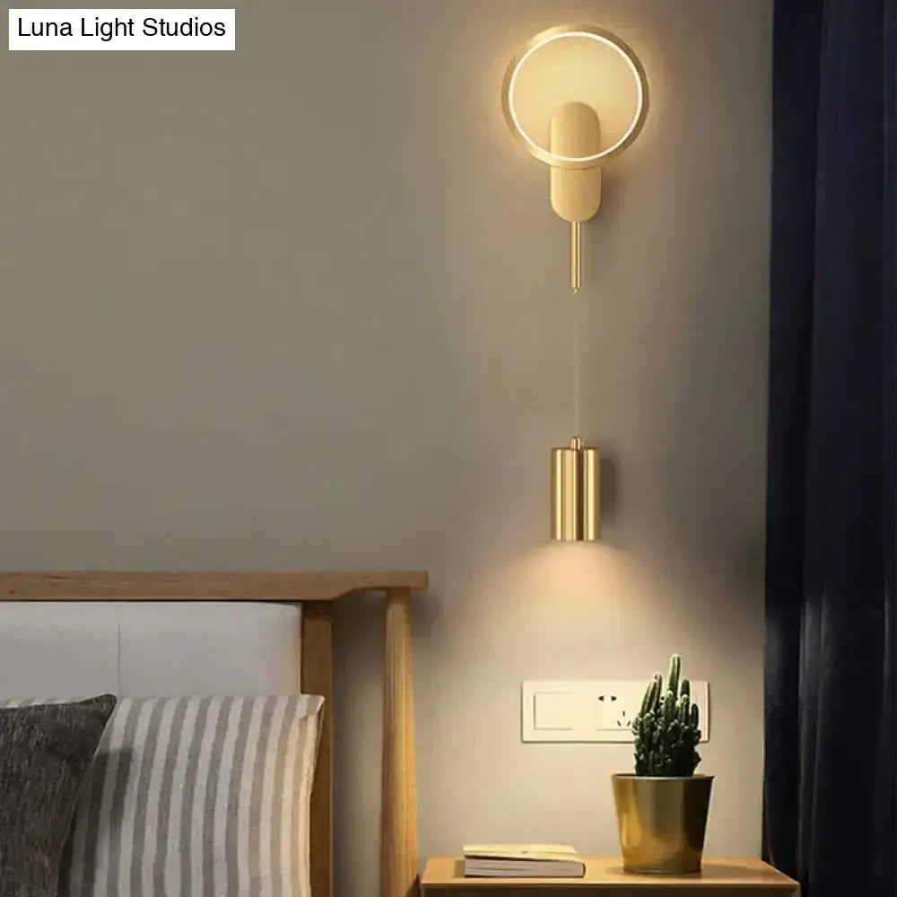 Modern nordic led black gold wall sconce with minimalist circular ring and cylindrical pendant for bedroom lighting